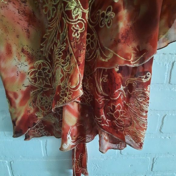 Laura Petites Rust tones Gold Glitter Semi Sheer Layered Tie Back Blouse Small P - Picture 5 of 11